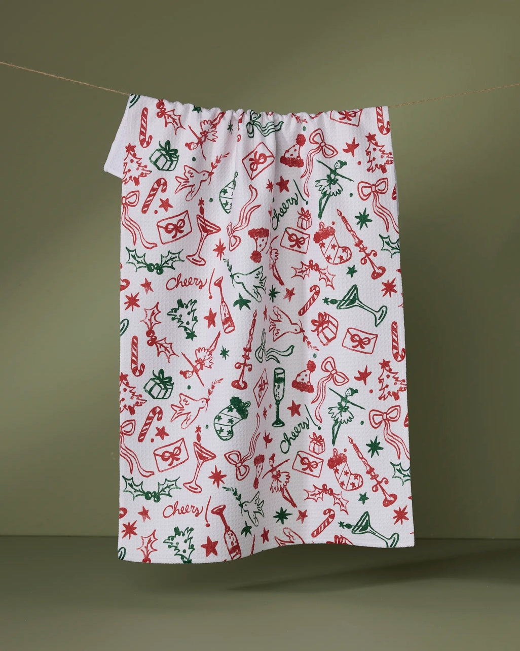 Waffle weave kitchen tea towel with single-sided holiday print