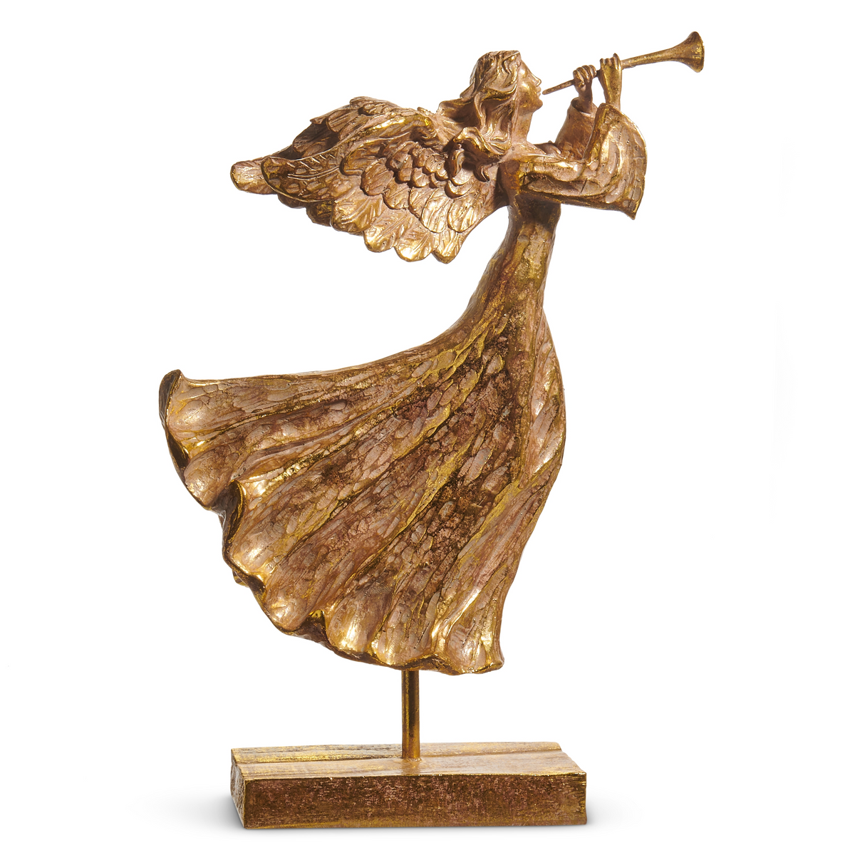 17.5-inch gold angel figurine with wings playing a trumpet on a rectangular base.