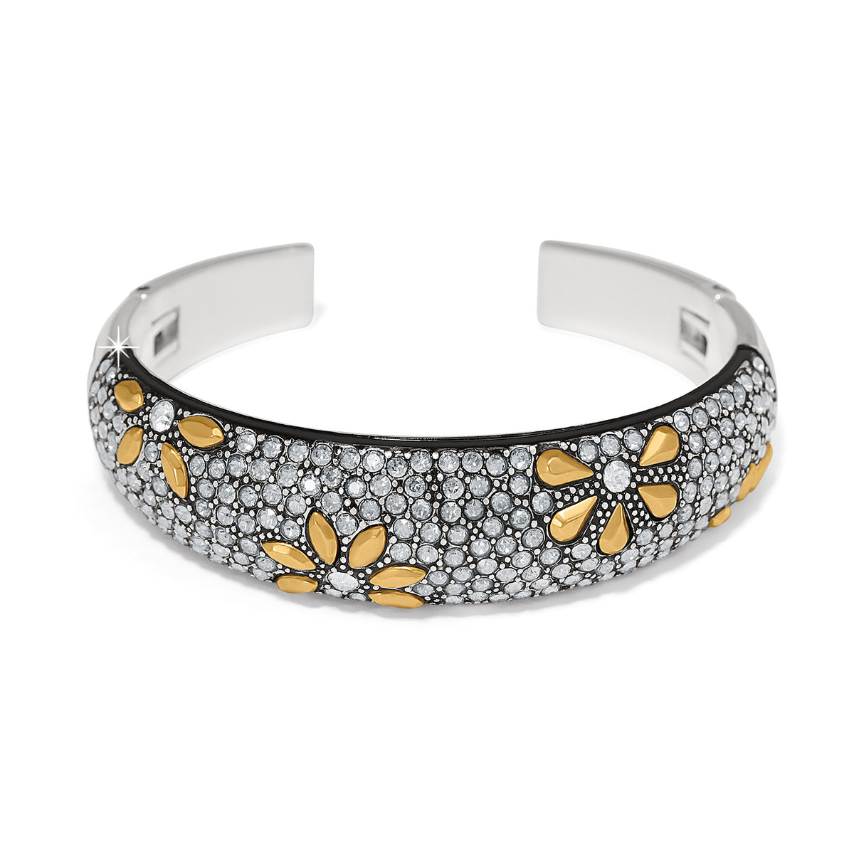 Silver and gold double hinged bangle with crystal pavé and floral accents.