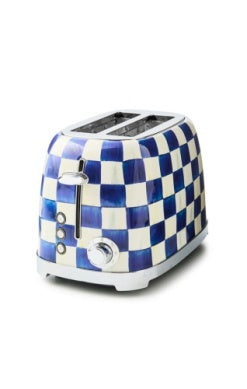 Blue and white checkered 2-slice toaster with stainless steel accents and control knobs.