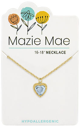 Gold light sapphire resin heart necklace on a Mazie Mae display card.