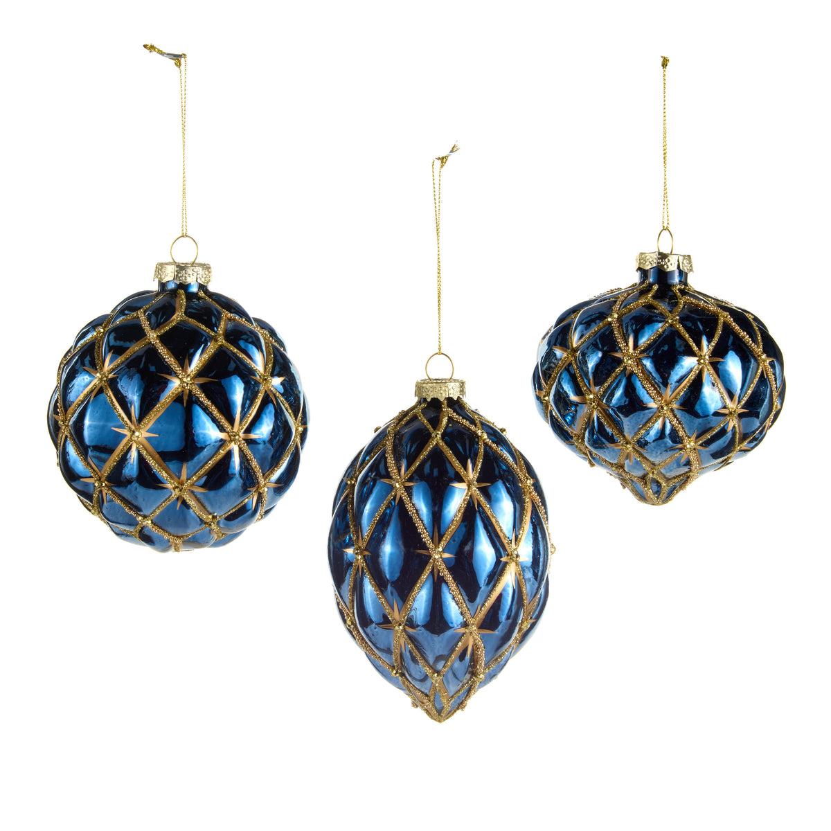 Three blue and gold harlequin glass ornaments in round, teardrop, and onion shapes.