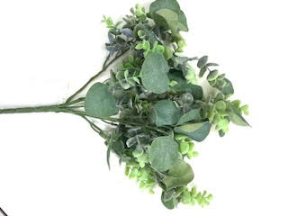 Sixteen-inch Dollar/Eucalyptus Bush X7 artificial plant with green foliage and brown stem