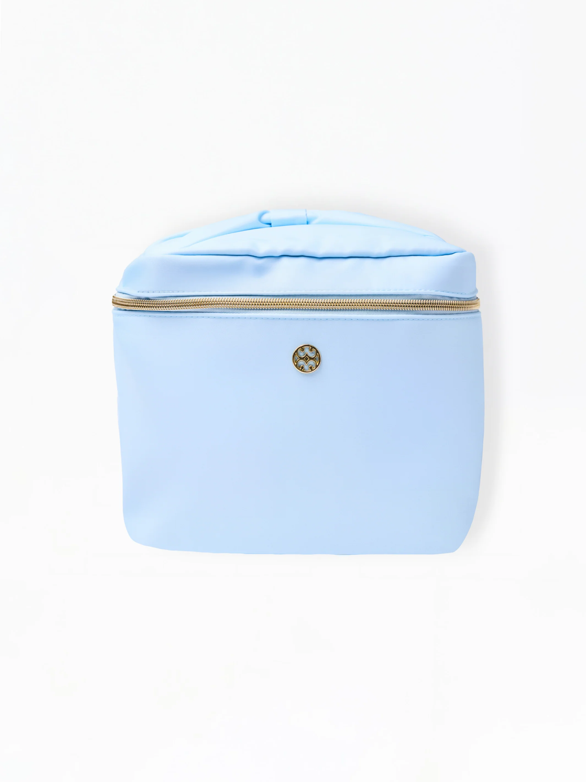 Sky blue nylon makeup bag with a gold zipper and circular logo emblem.