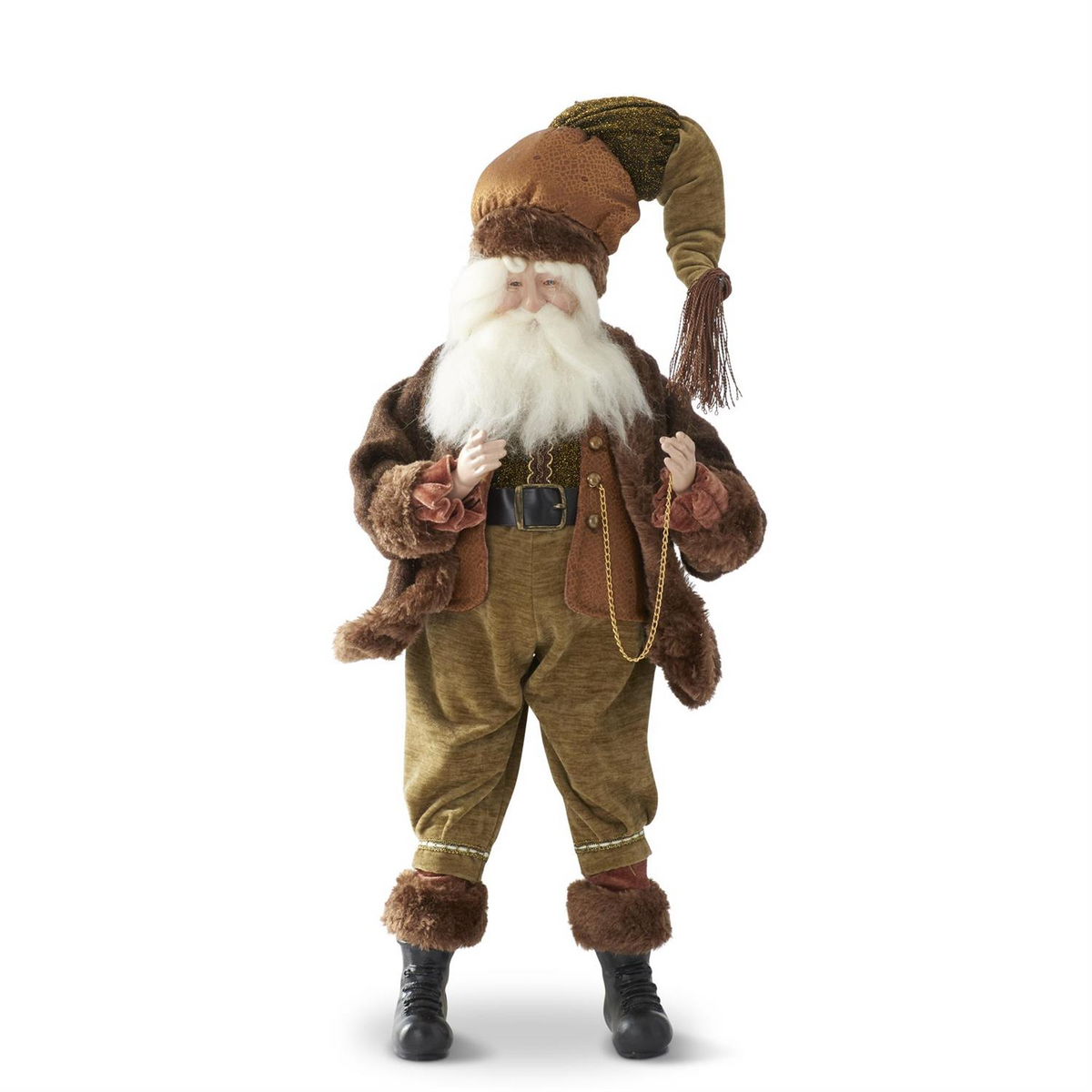 24-inch Santa figurine wearing a brown and green suit with a gold pocket watch chain.
