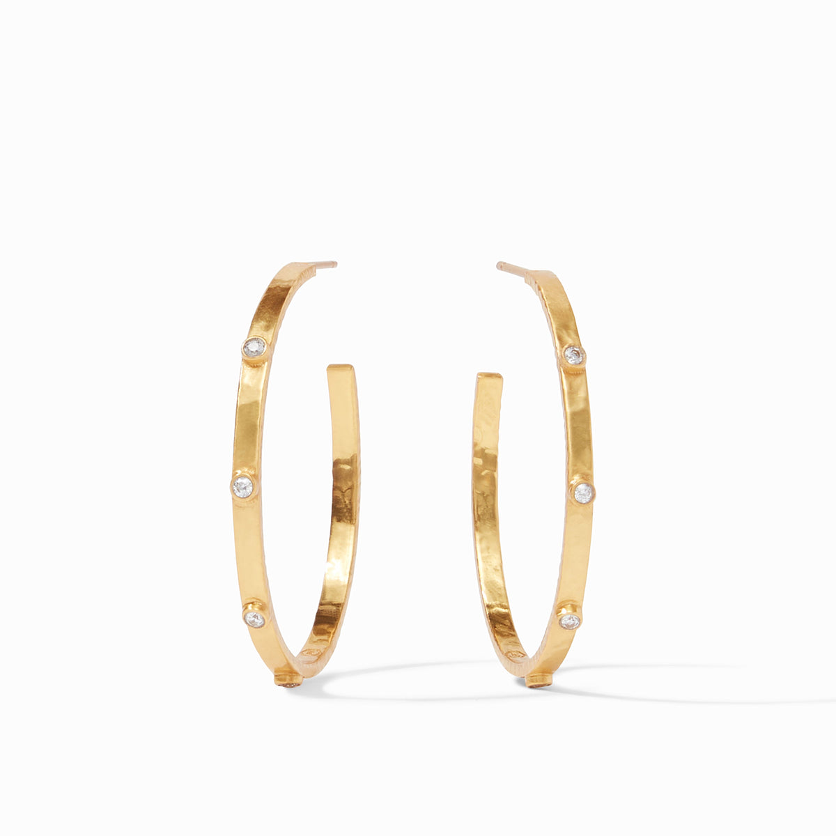 Lightly hammered gold hoop earring with gemstone accents