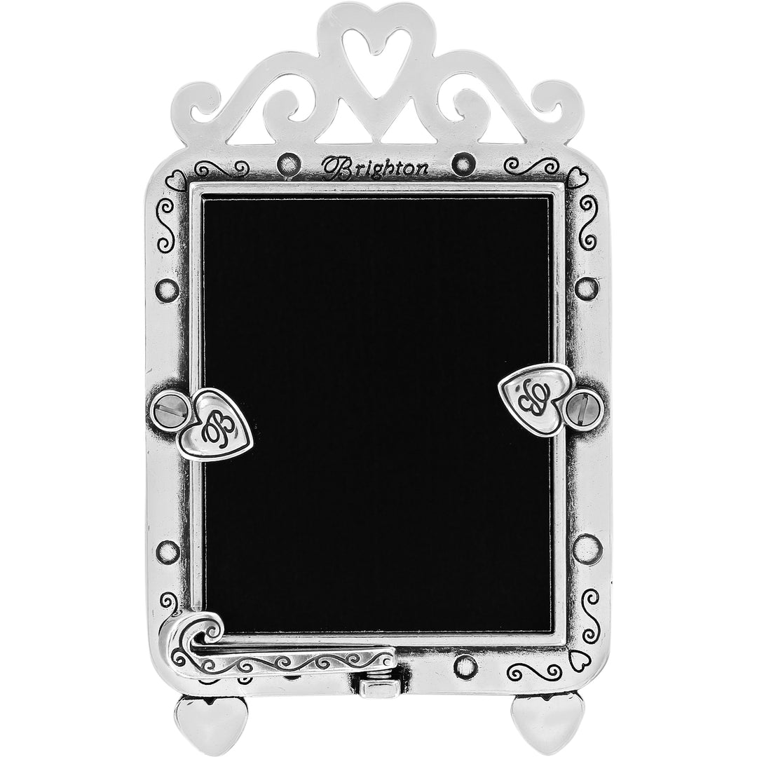 Silver plated Good Times Frame with heart accents and Brighton logo, 3 inches wide by 4.75 inches.