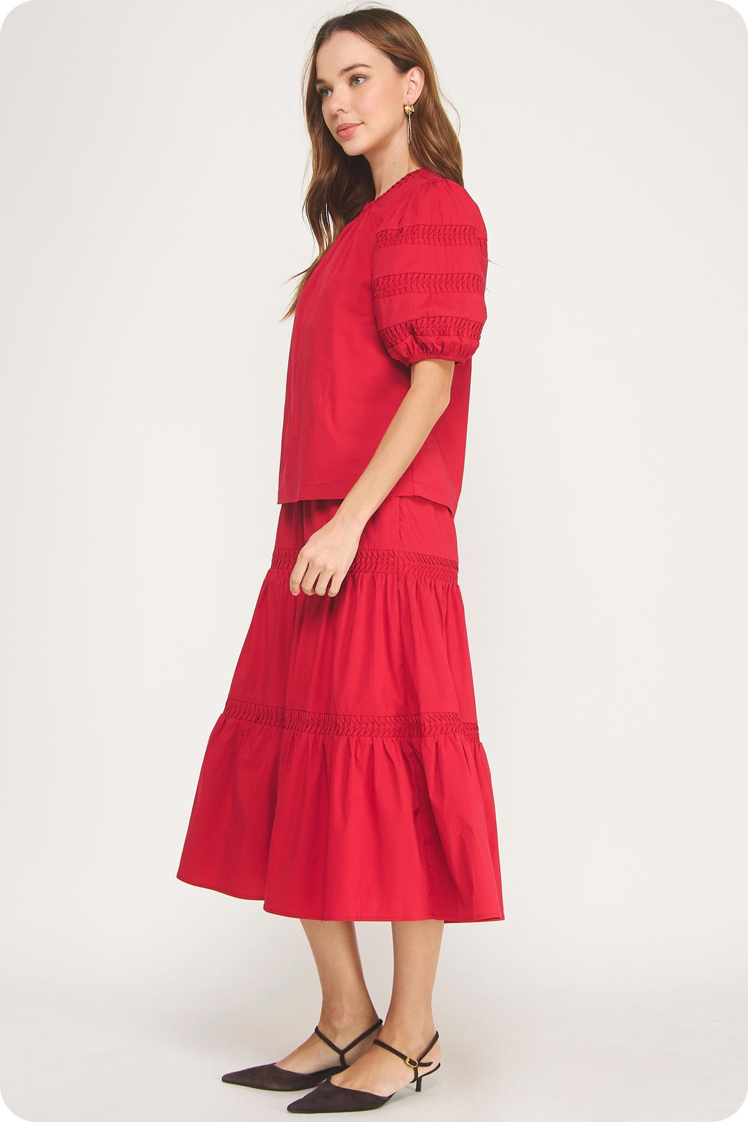 Madeline Reverse Pintuck Tiered Midi Skirt