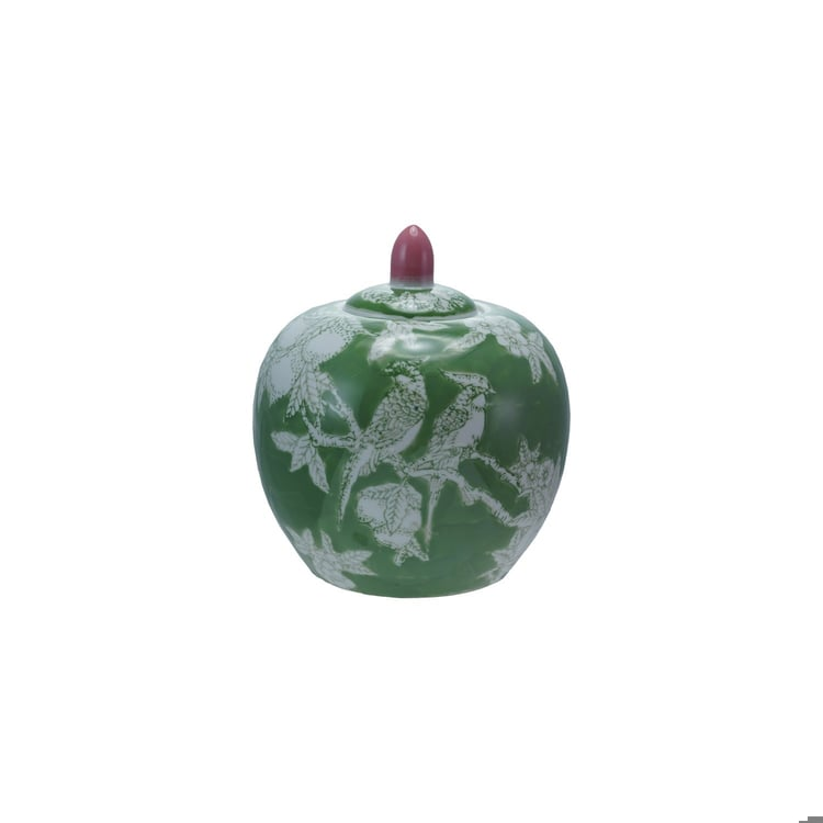 7-inch round green stoneware jar with white bird and floral patterns and a pink finial lid.