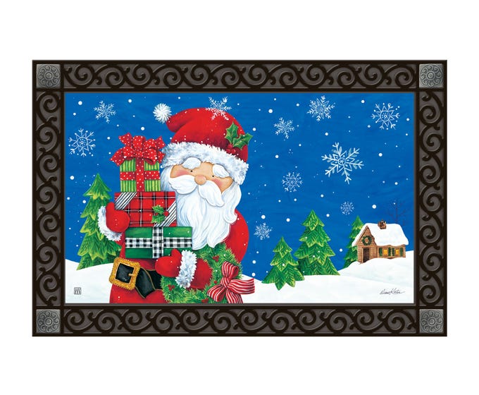 Gifts From Santa MatMate featuring Santa holding a stack of presents in a snowy winter scene.
