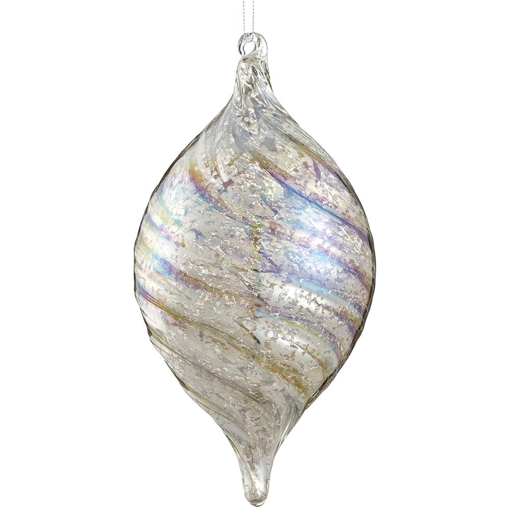 9-inch silver iridescent mercury glass finial ornament with a swirled pattern and hanging loop.