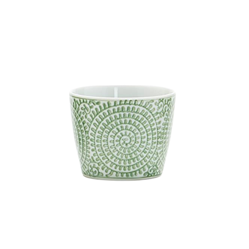 Small white porcelain cachepot with a green spiral and leaf pattern.