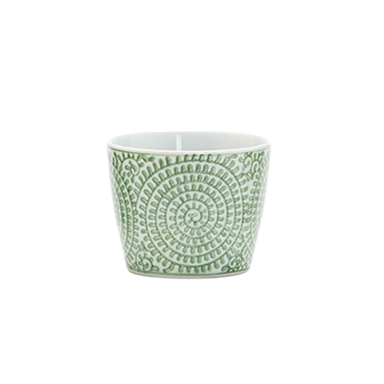 Small white porcelain cachepot with a green spiral and leaf pattern.