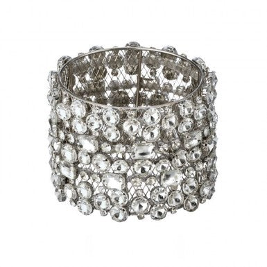 Silver metal mesh cuff ring embellished with various sizes of clear faux diamonds.