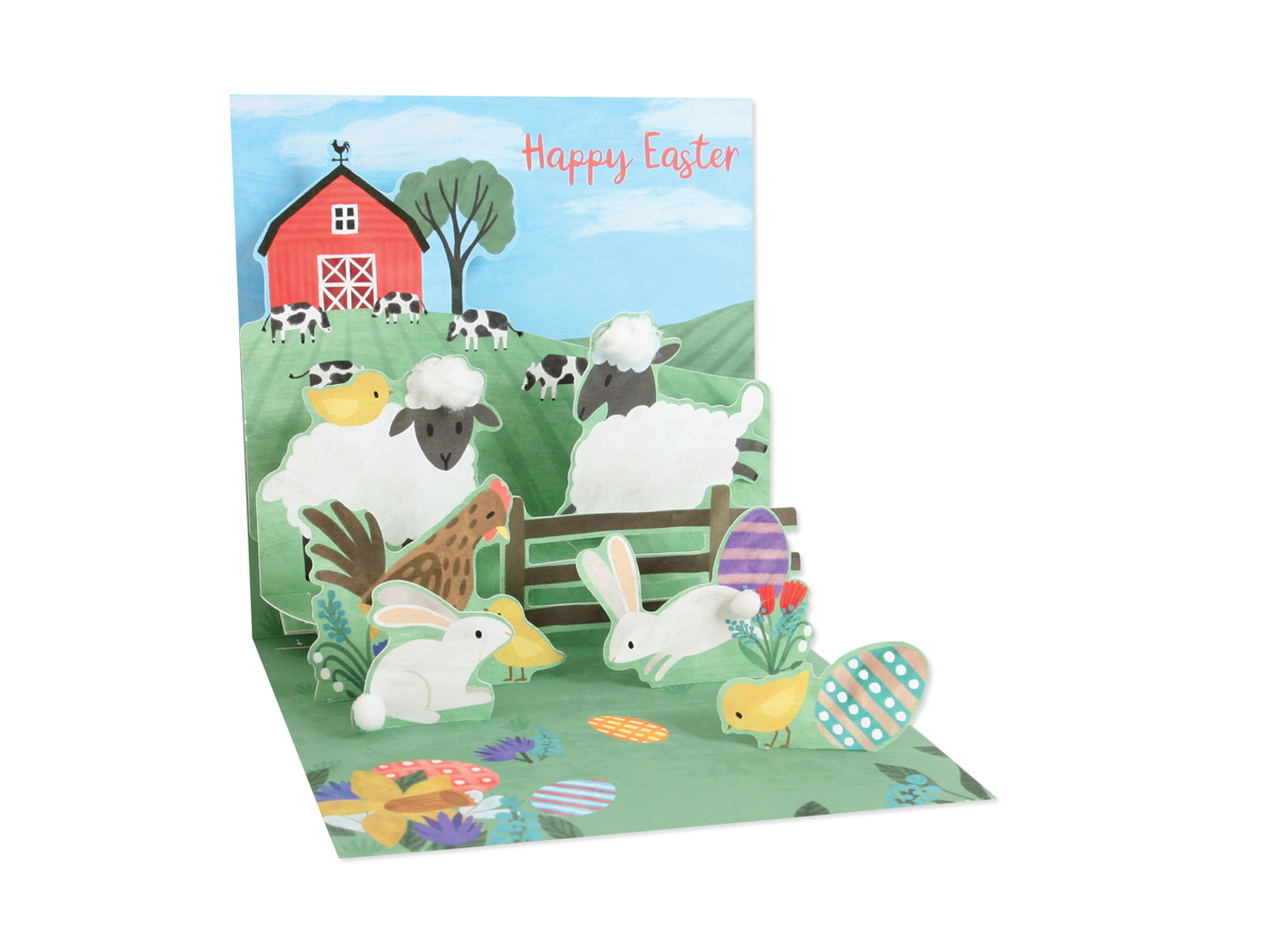 White envelope with glitter finish and white pom-poms featuring Happy Easter text.