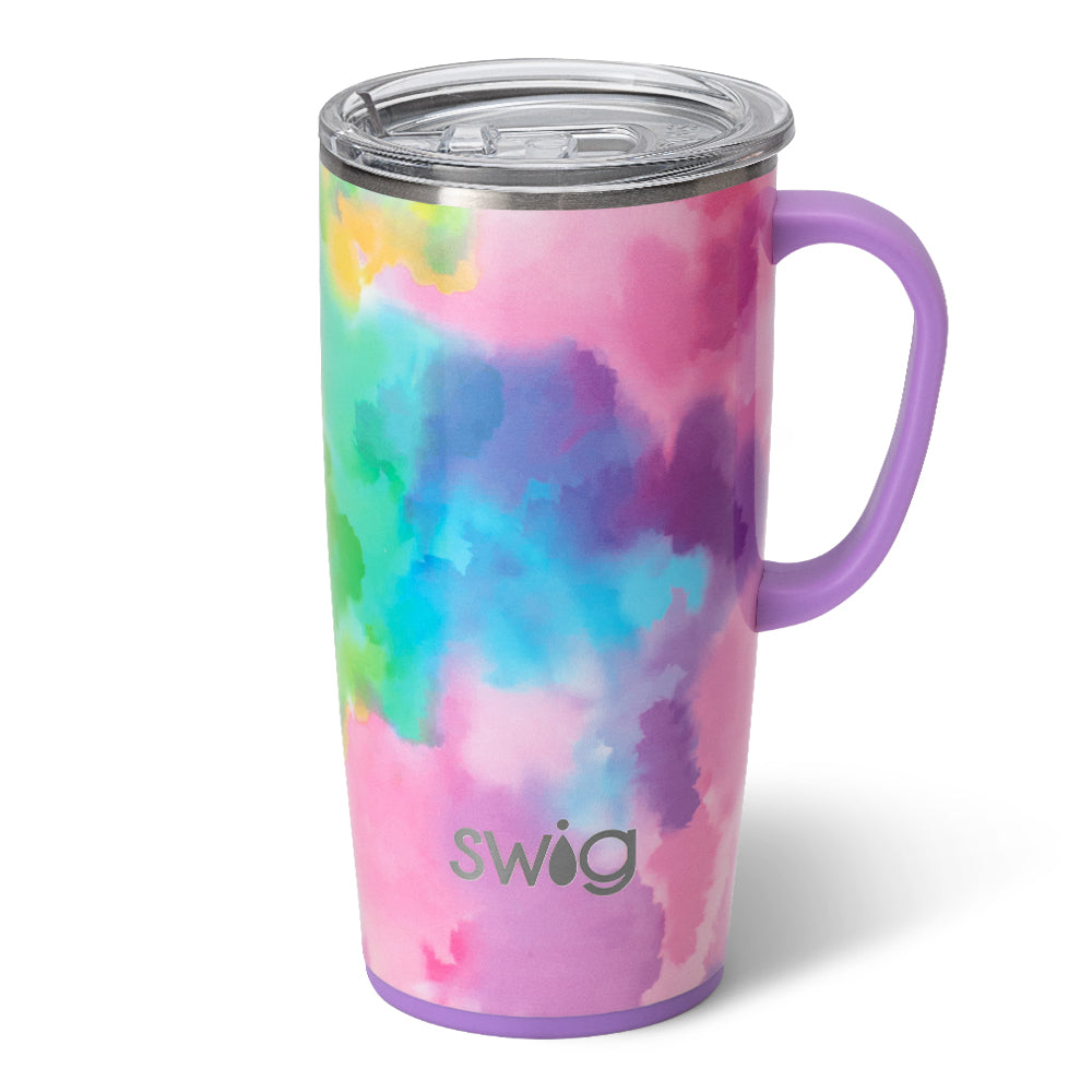 Silver stainless steel travel mug with black silicone base and lid slider