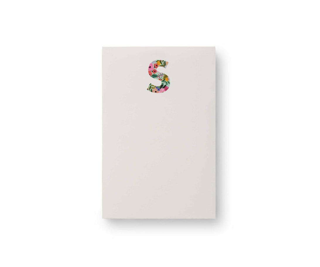Garden Party monogram notepad with tear-off sheets in a floral botanical pattern.