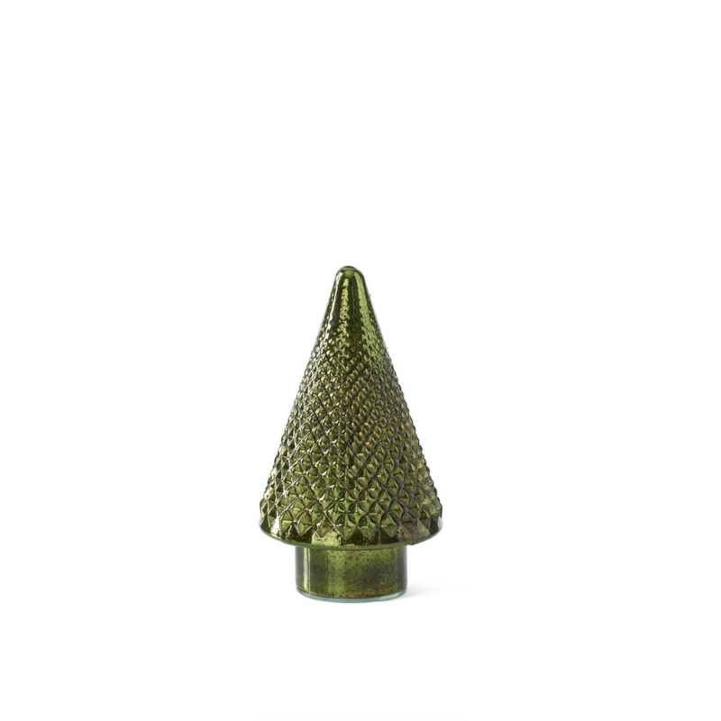 Green mercury glass Christmas tree with a textured hobnail pattern and reflective finish.