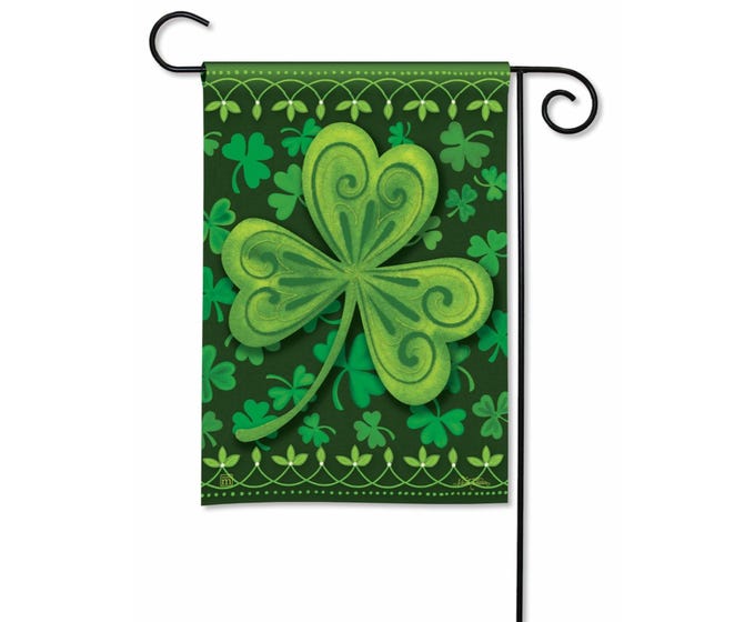 Green garden flag with a large shamrock and small shamrocks, featuring decorative borders.