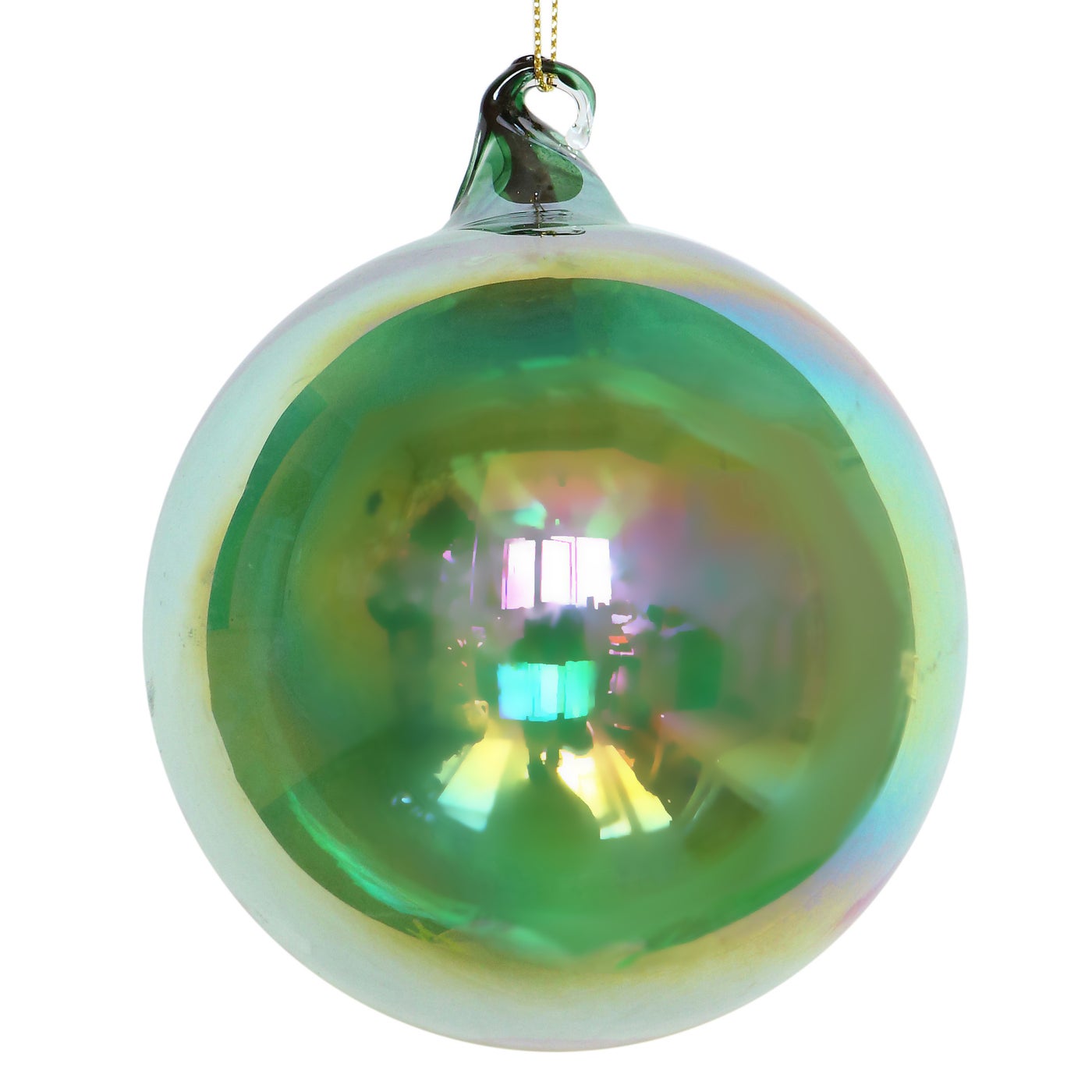 150mm iridescent green bottle glass ball ornament with a reflective finish and hanging loop.