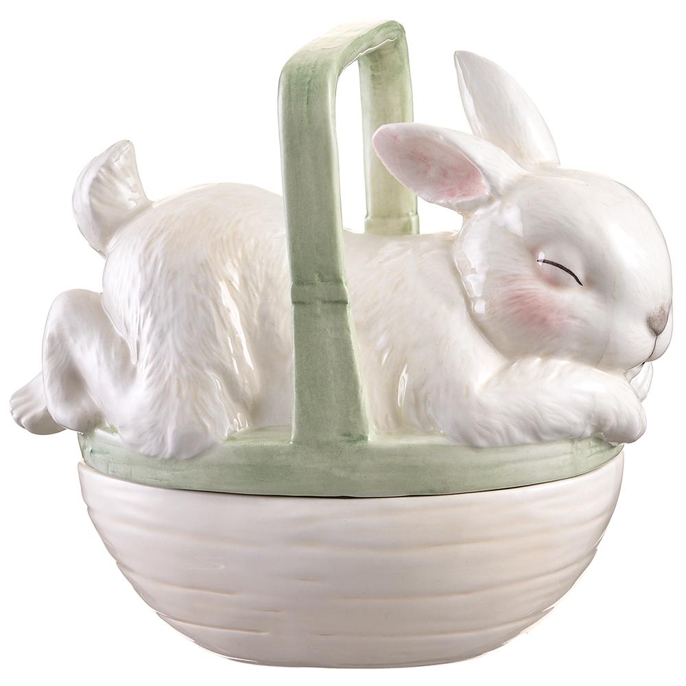 Cream seafoam ceramic bunny basket with lid made from dolomite clay