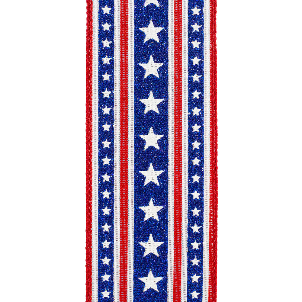 Stars and Glitter Stripes linen wired edge trim in polyester with a striped pattern.