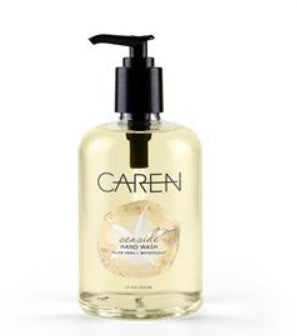 Caren Seaside Hand Wash in a 14oz clear pump bottle with light yellow liquid.