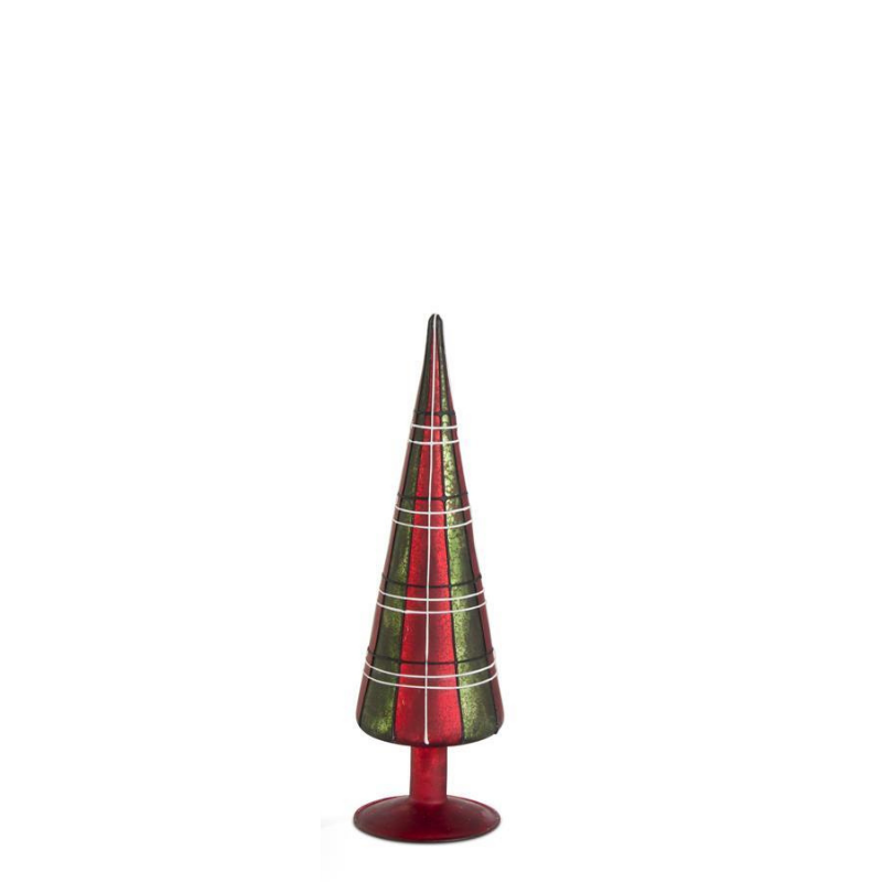 Red and green tartan glass tabletop tree with a cone shape and red pedestal base.