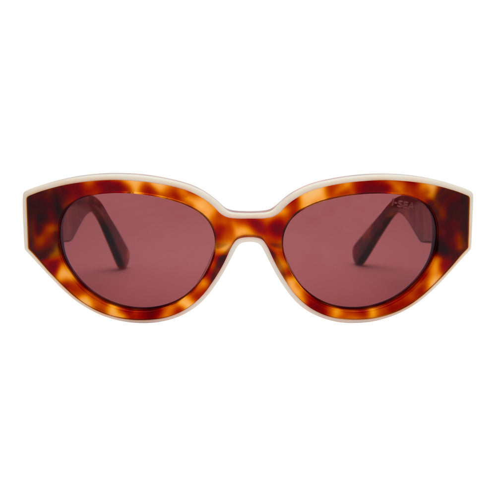 Suki sunglasses with honey tort frames, cream rims, and plum polarized lenses.