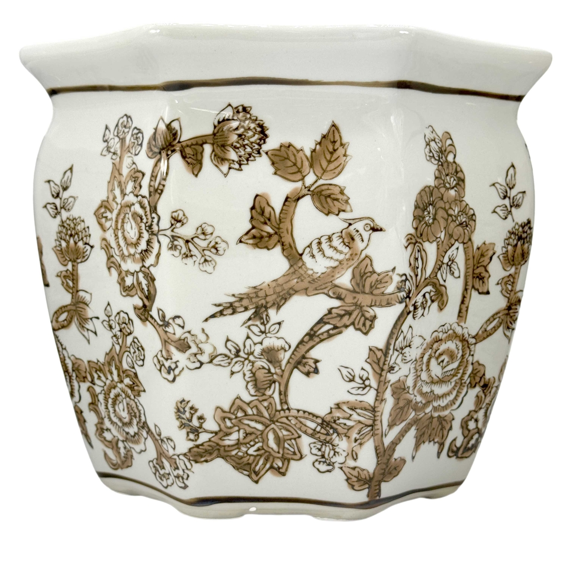 White ceramic planter with brown chinoiserie bird and floral pattern.