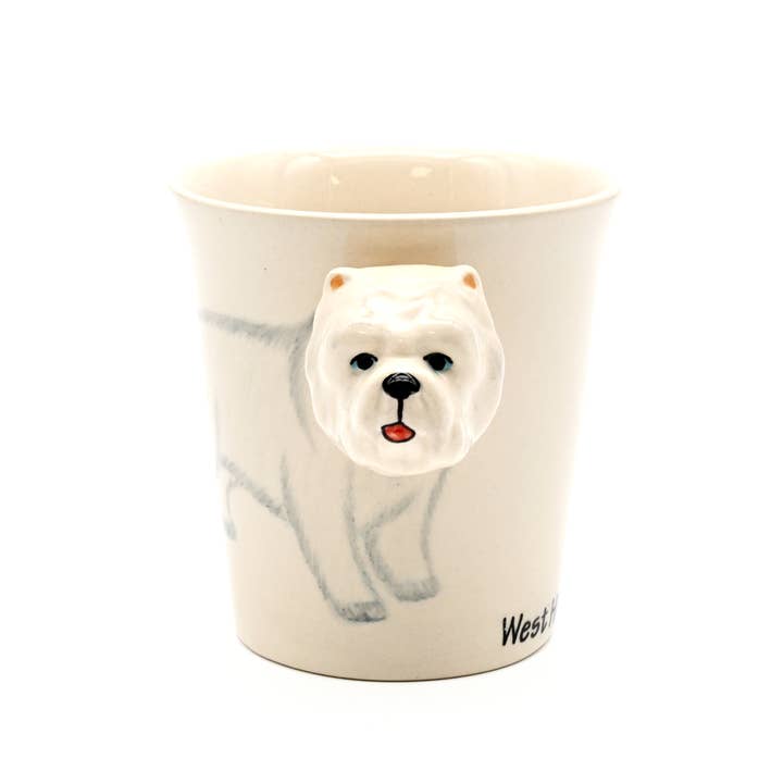 White ceramic West Highland Terrier mug with a 3D hand-painted dog head and body illustration.