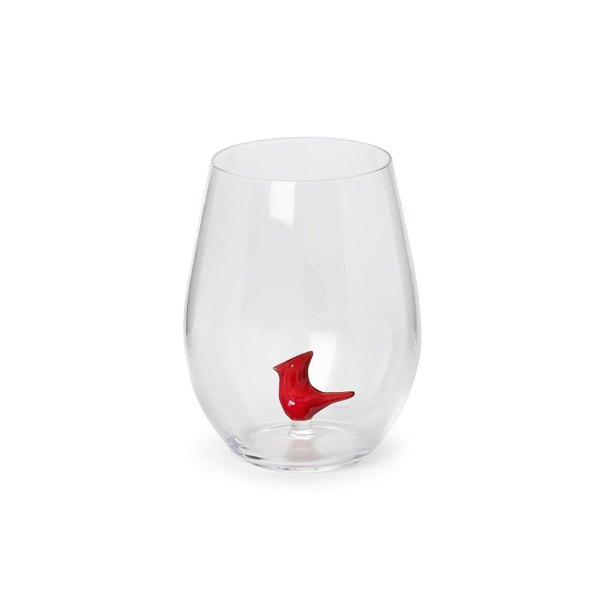 Red cardinal-shaped stemless wine glass made of clear glass holding 20 ounces.