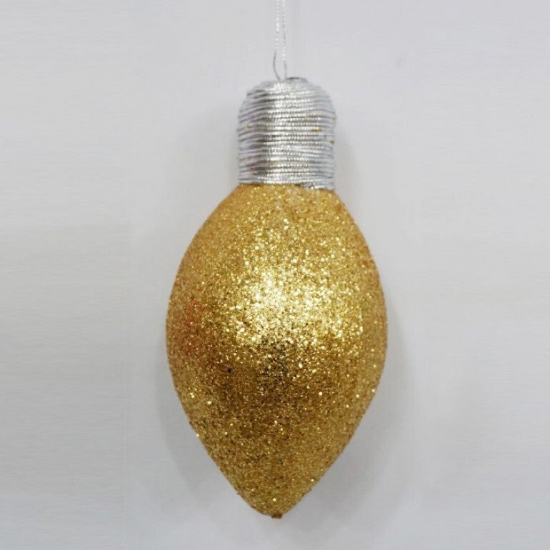 Seven-inch glitter lightbulb ornament with a clear glass bulb shape.