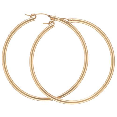 Round gold-filled smooth hoop earrings with a notch clasp in two-inch size.
