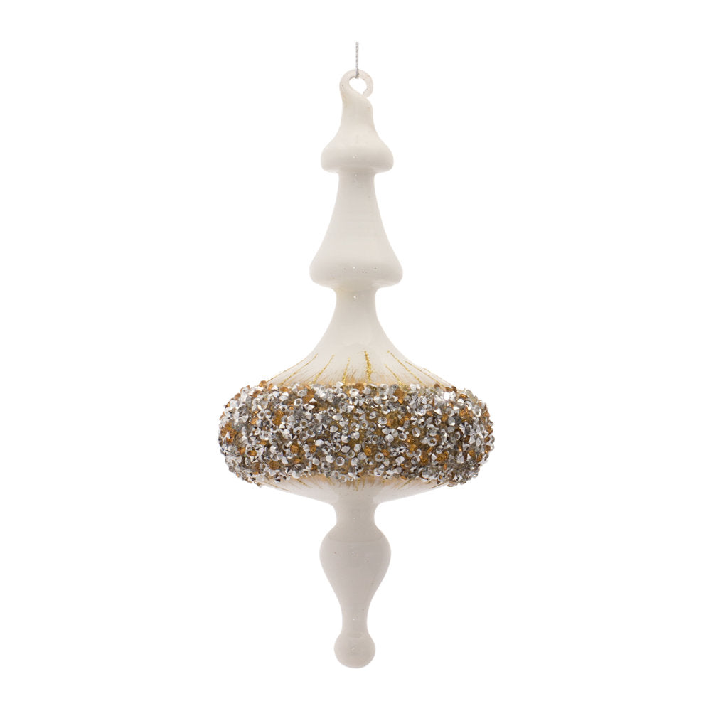 White glass finial ornament with a wide center band of silver and gold glitter and beads.
