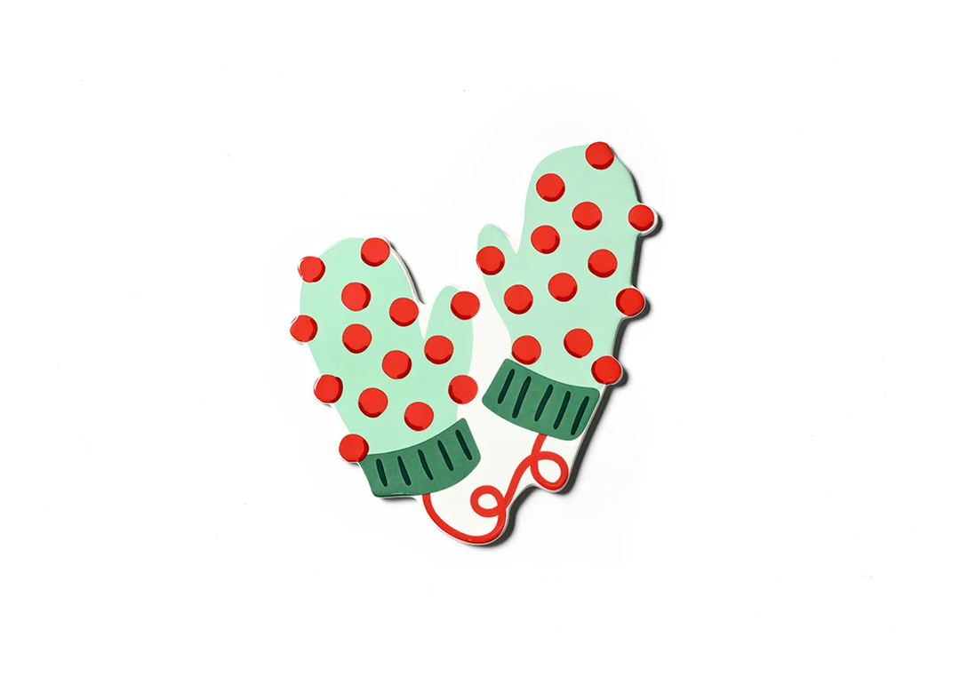 Mint green mitten attachment with red pom poms, dark green cuffs, and a red connecting string.