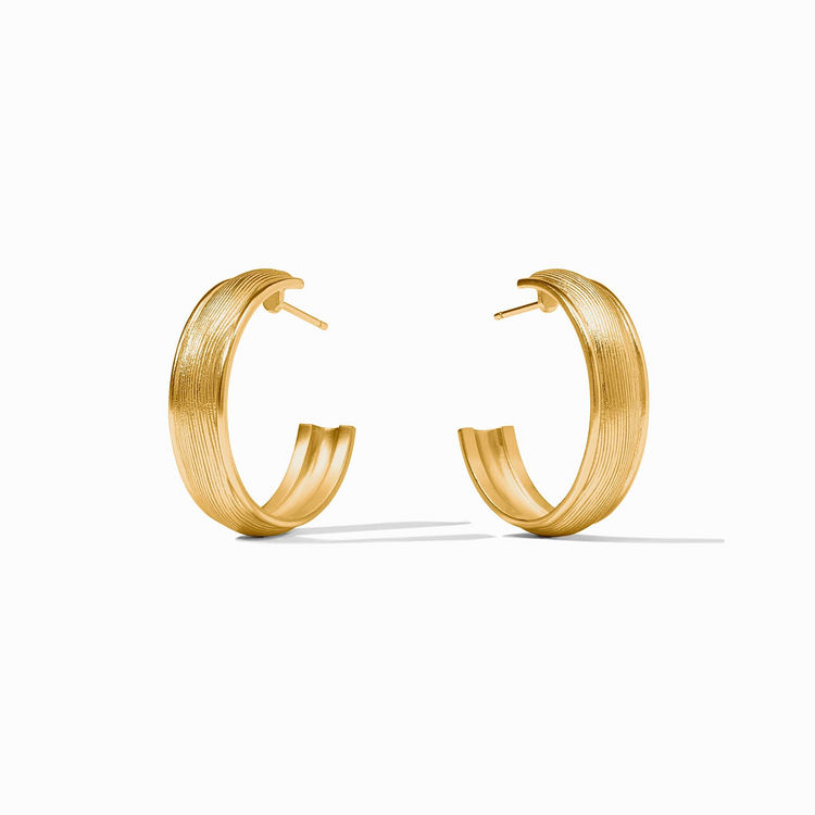 Gold Cobblestone Hoop earrings with a textured, grooved finish and post backs.