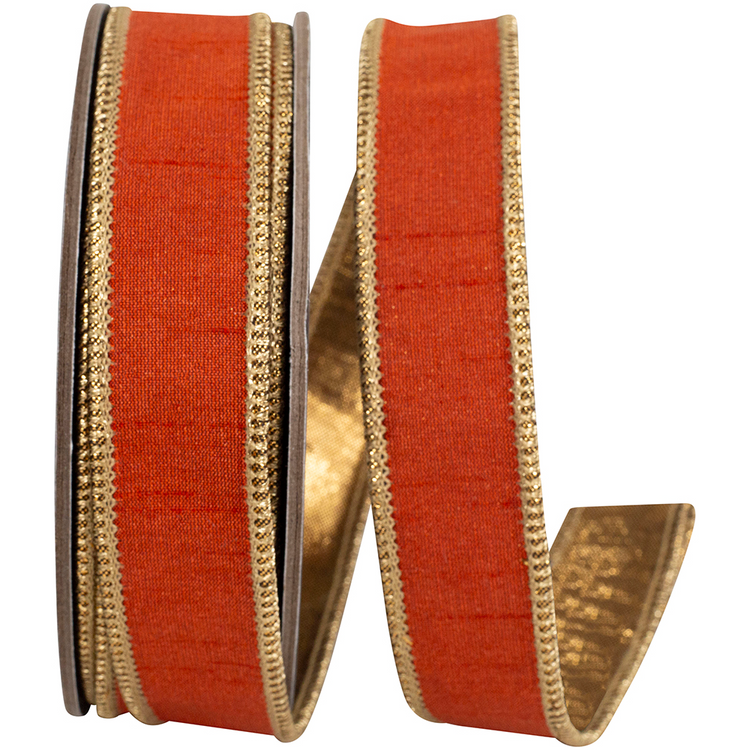 Dupioni shimmer fused copper metallic backed wired edge ribbon on a spool.