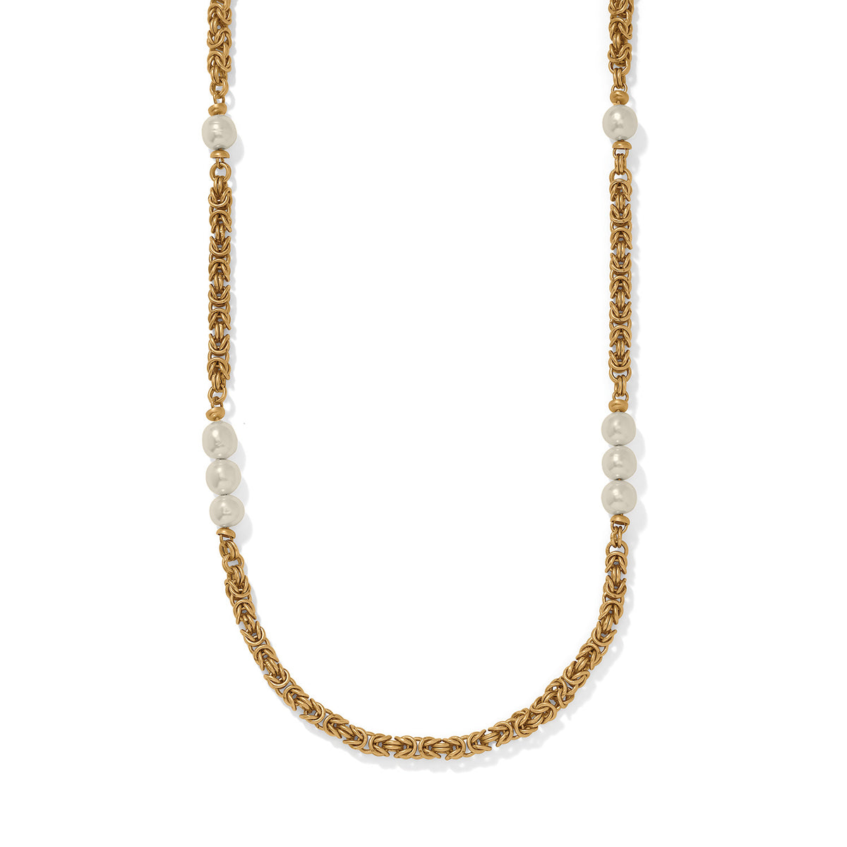Long gold byzantine chain necklace featuring eight white pearls spaced along the length.