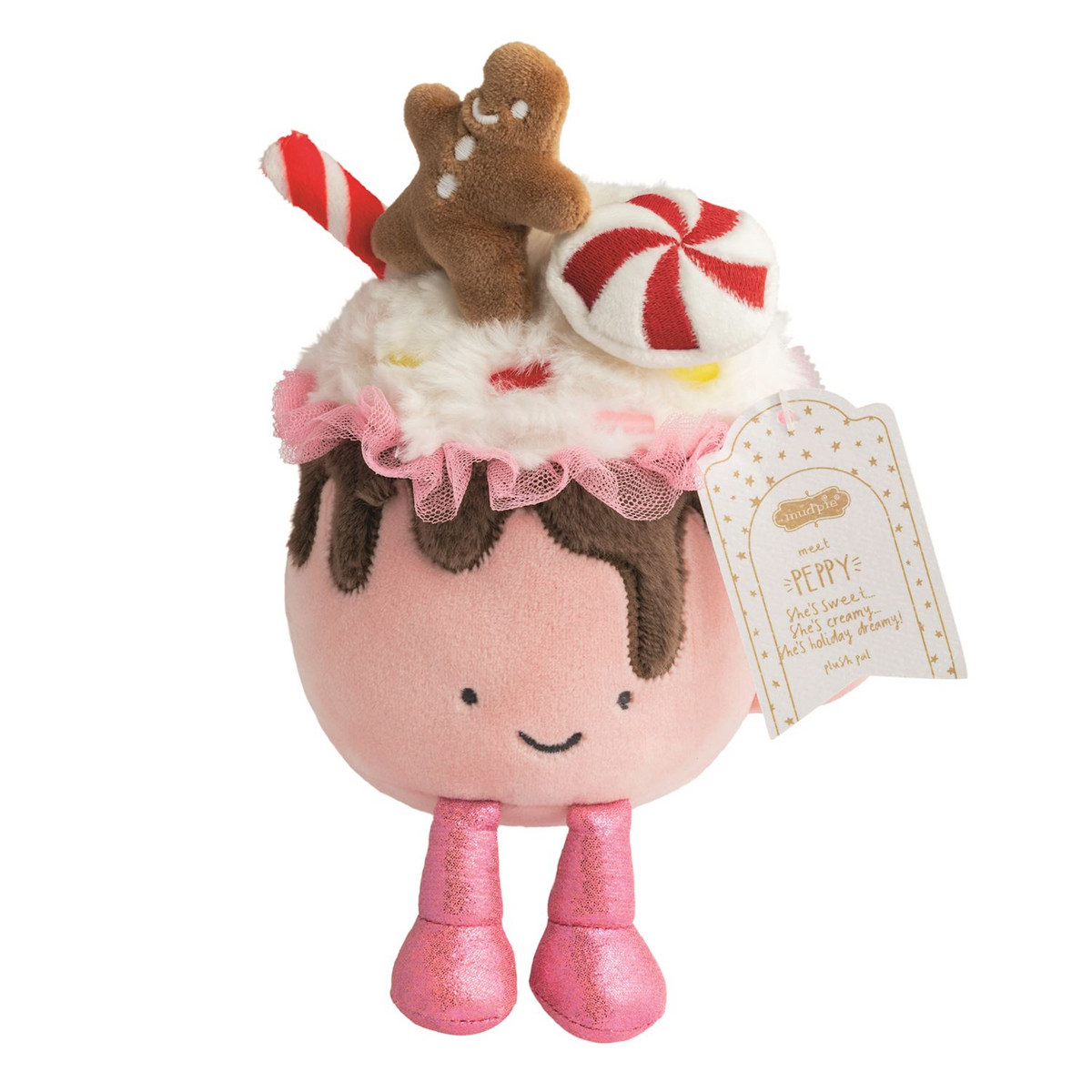 Holiday plush pal Peppy, a pink cup with whipped cream, gingerbread man, and candy cane toppings.