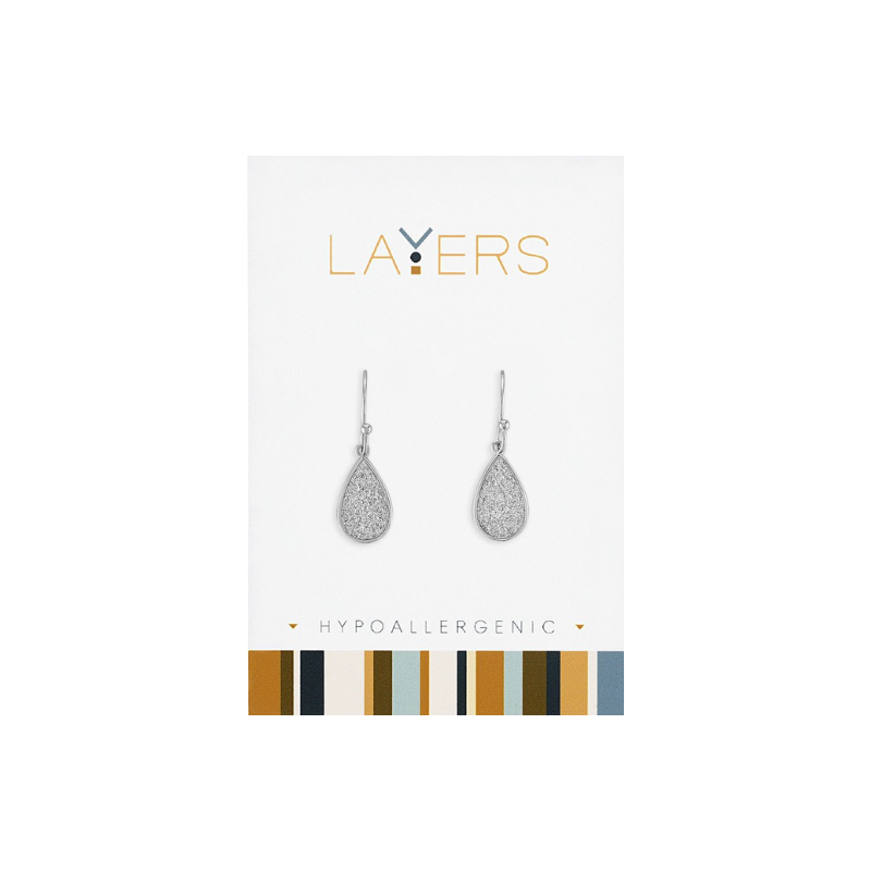 Silver sandblasted teardrop dangle earrings on a white Layers brand card.