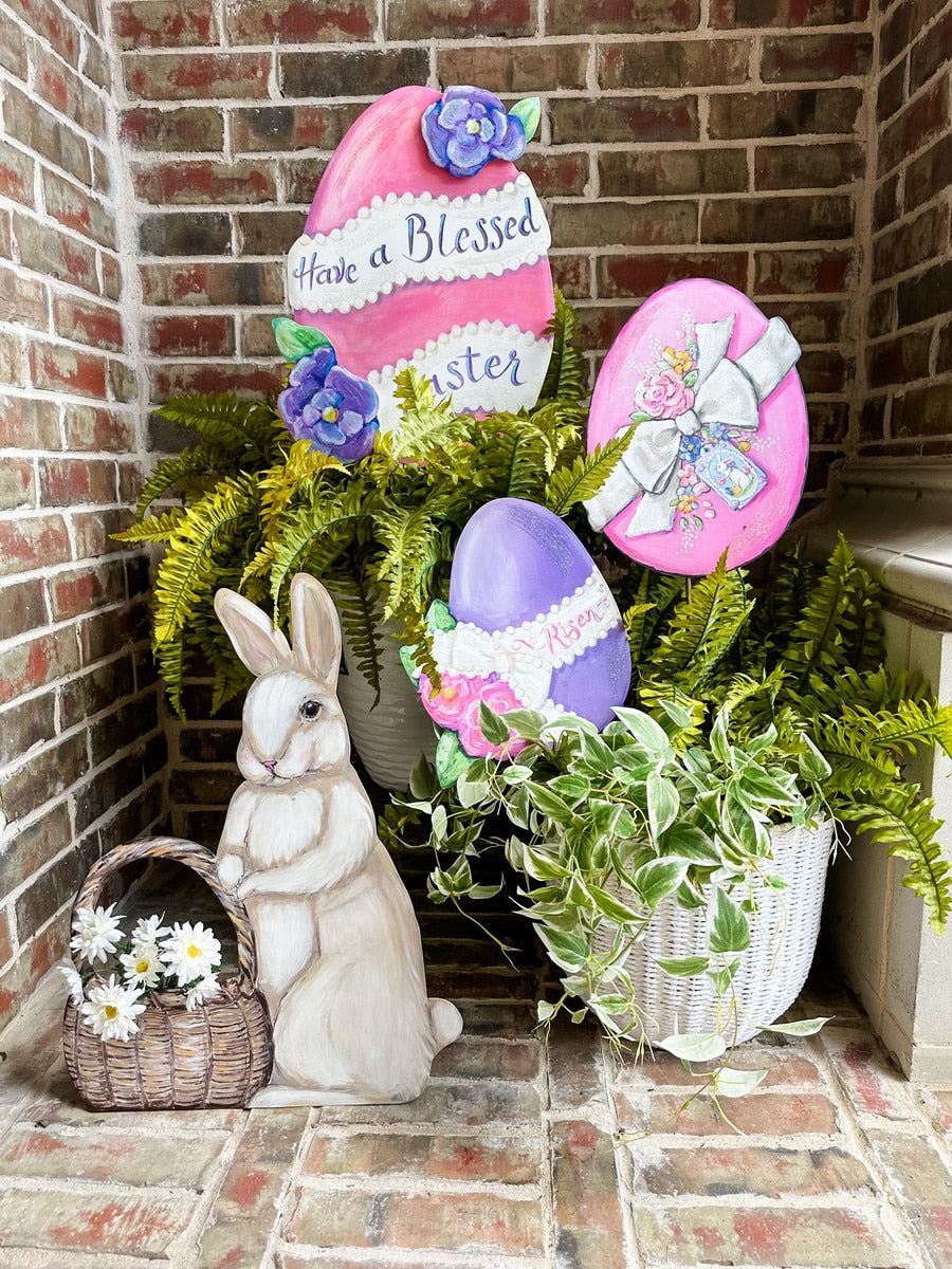 Blessed Egg stake with a natural wood finish, measuring 17 inches tall.