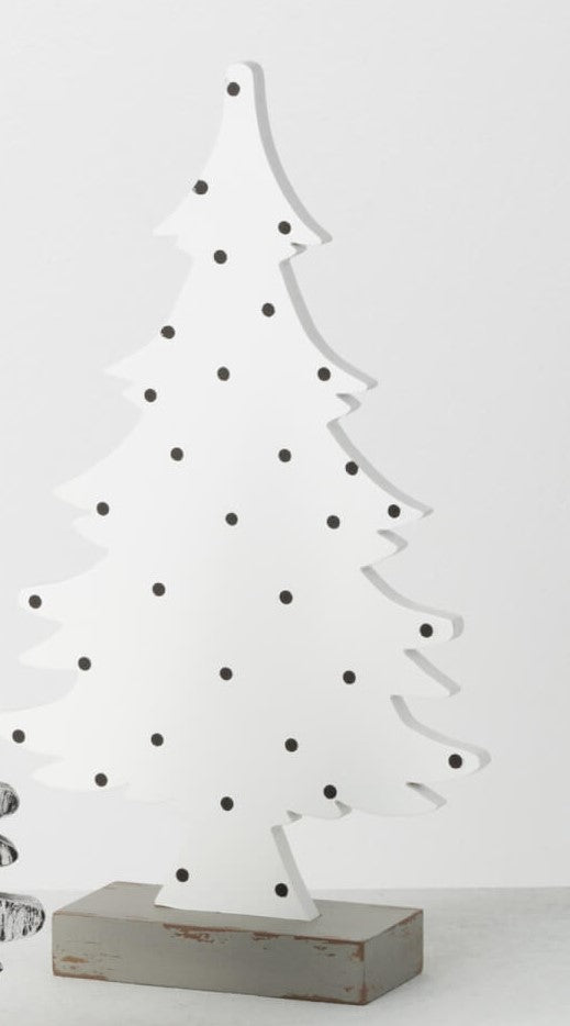 Black wooden tree planter with white geometric branch patterns
