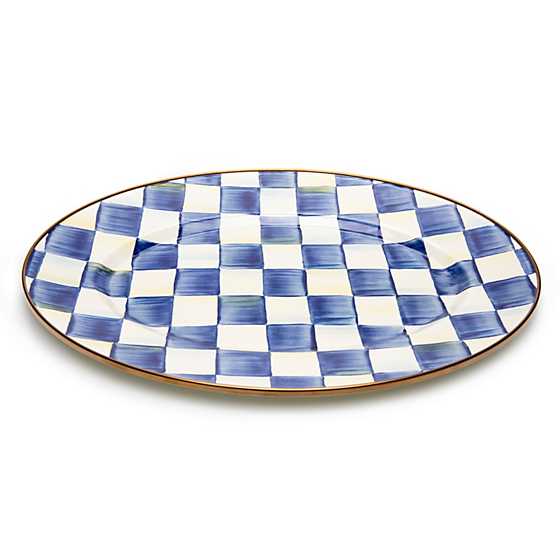 Royal Check Enamel Oval Platter with hand-painted blue and white checks and bronzed steel rim.