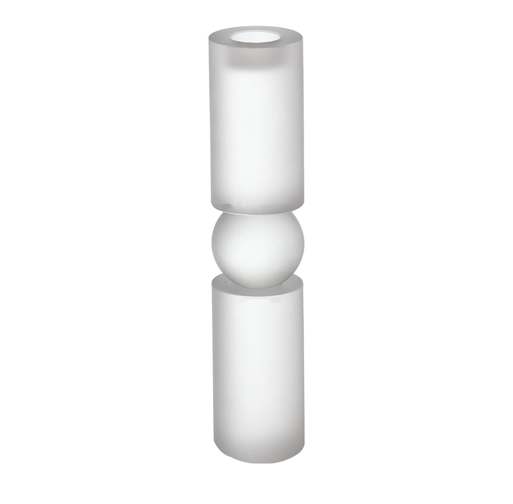 Tall frosted glass candle holder with two cylindrical sections and a central sphere.