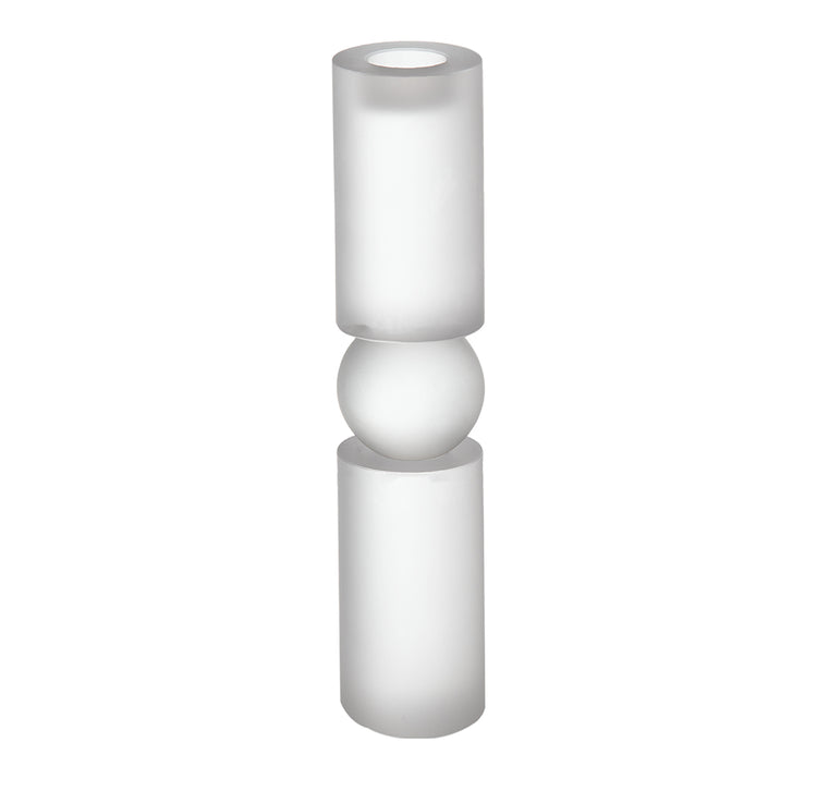 Tall frosted glass candle holder with two cylindrical sections and a central sphere.