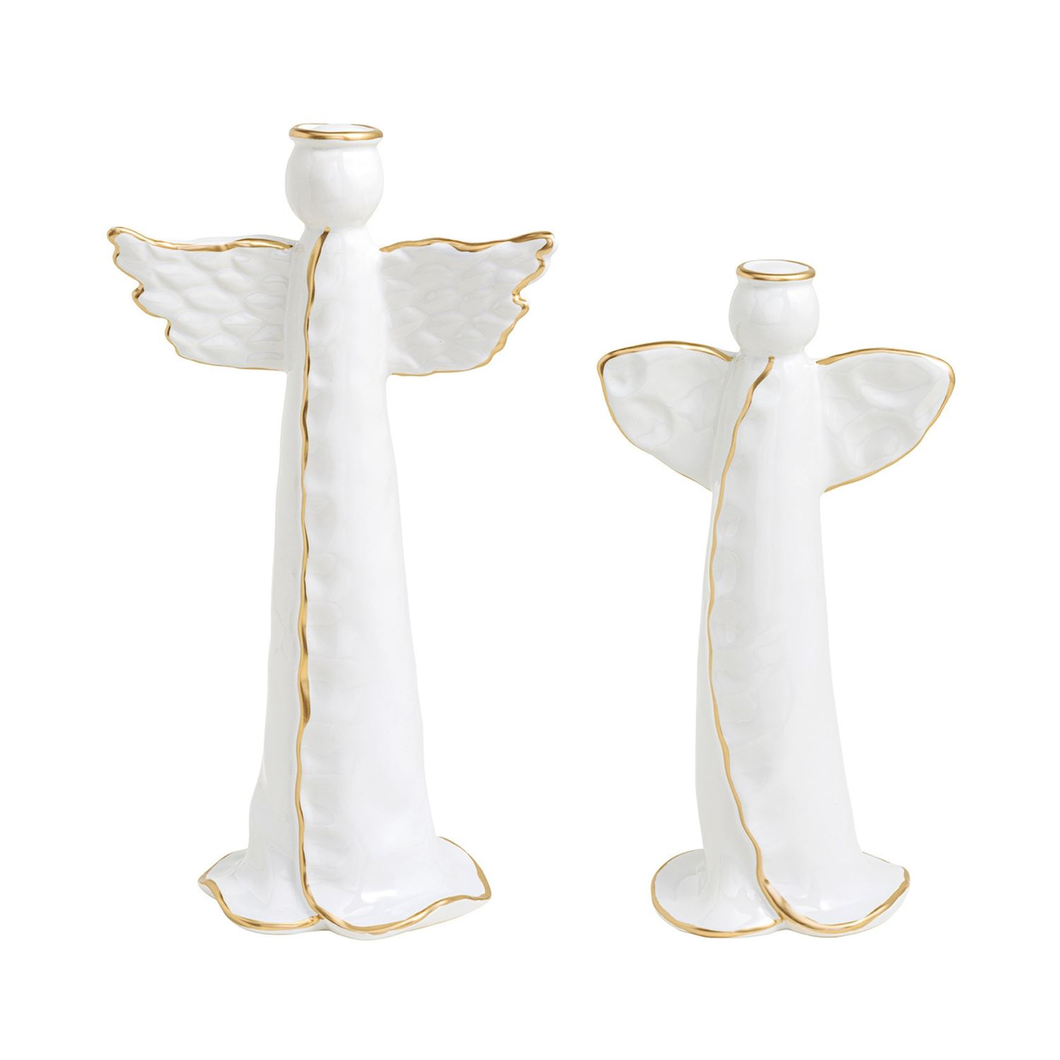 Two white stoneware angel figurines with hand-painted gold trim on wings, halos, and robes.