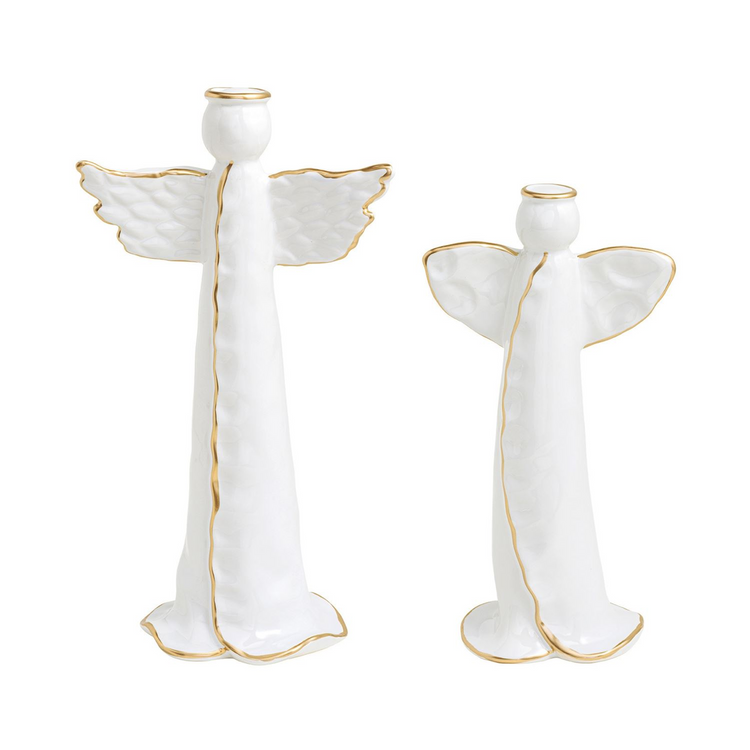 Two white stoneware angel figurines with hand-painted gold trim on wings, halos, and robes.
