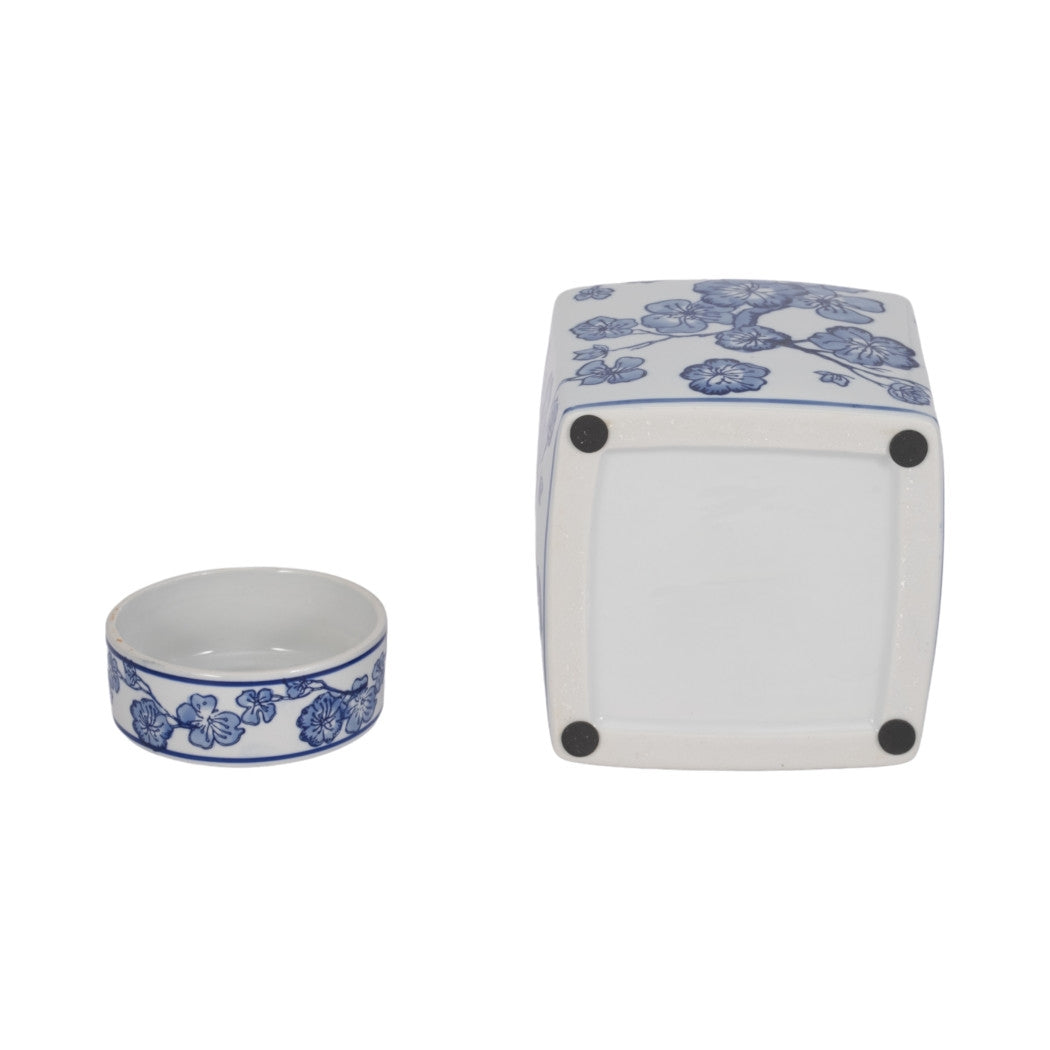 Blue/White 8 in. Square Cherry Blossom Chinoiserie Jar
