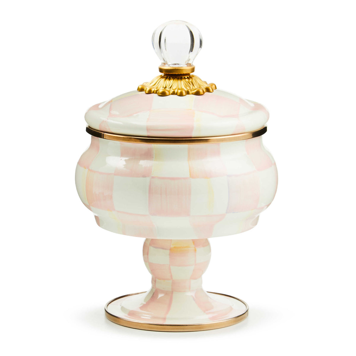 Rosy Check Curiosity Pot: heavy-gauge steel pot with hand-painted rosy check pattern and bronzed stainless rim.